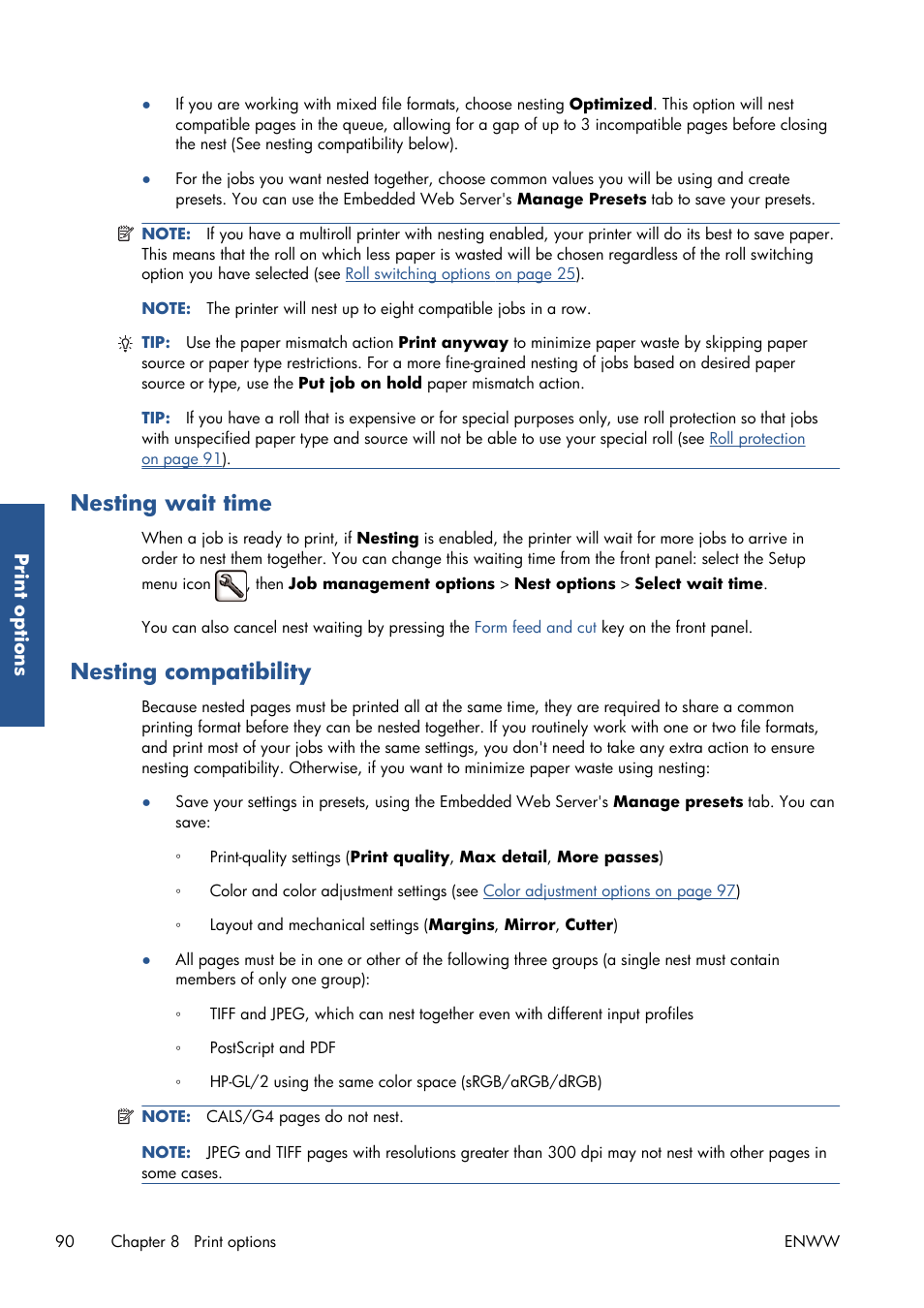 Nesting wait time, Nesting compatibility | HP Designjet T7100 Printer series User Manual | Page 98 / 217