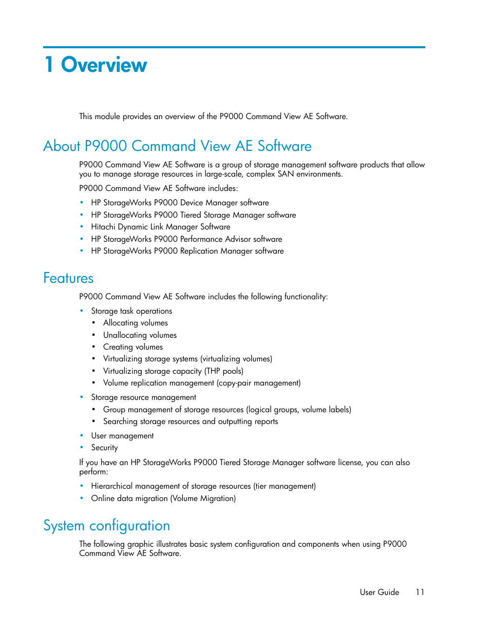 1 overview, About p9000 command view ae software, Features | System configuration, 11 features, 11 system configuration | HP XP P9000 Command View Advanced Edition Software User Manual | Page 11 / 104