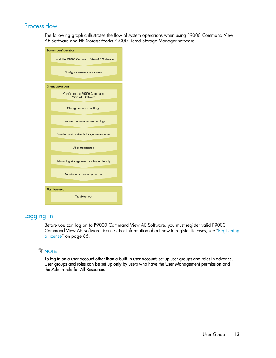 Process flow, Logging in, 13 logging in | HP XP P9000 Command View Advanced Edition Software User Manual | Page 13 / 104