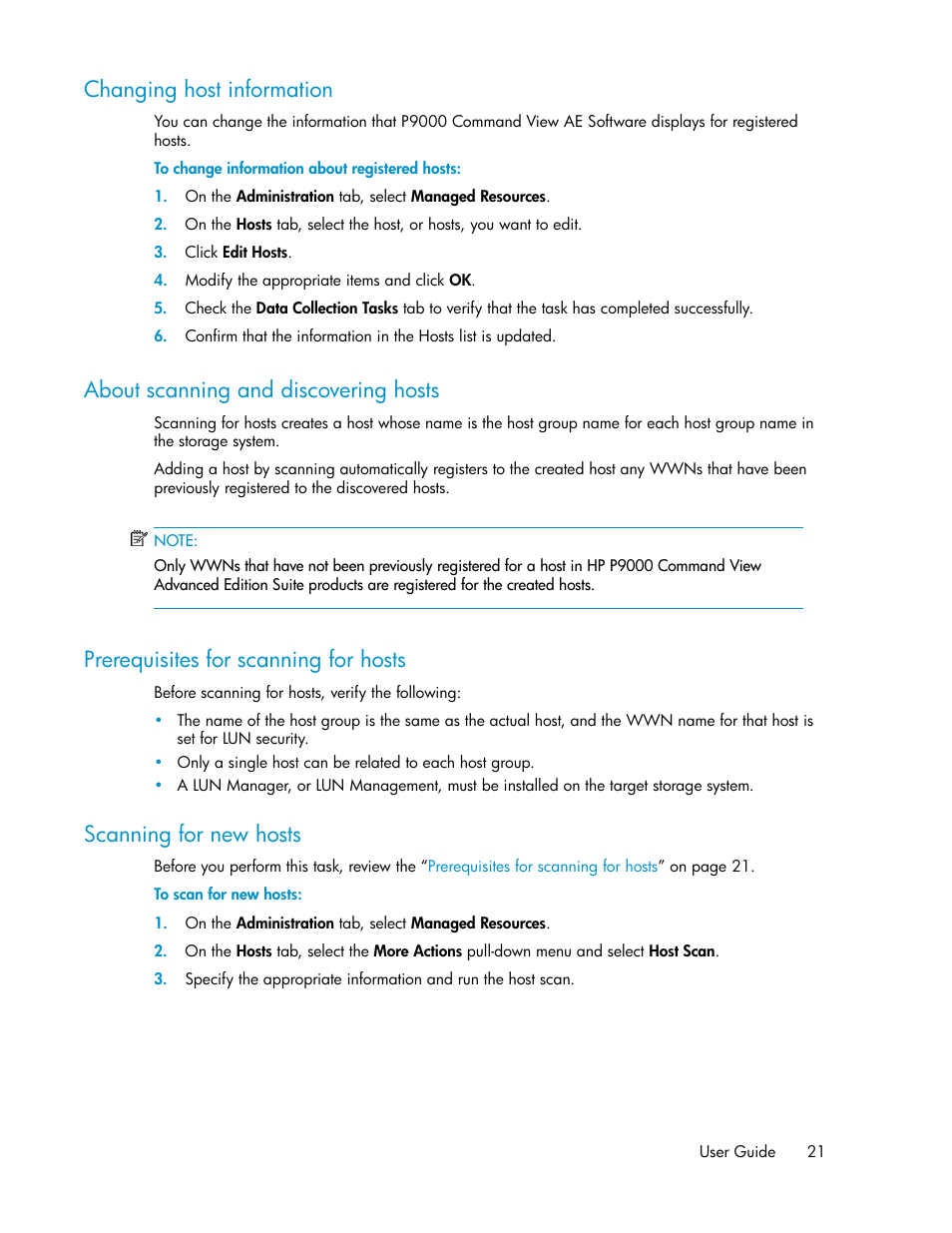 Changing host information, About scanning and discovering hosts, Prerequisites for scanning for hosts | Scanning for new hosts, 21 about scanning and discovering hosts, 21 prerequisites for scanning for hosts, 21 scanning for new hosts | HP XP P9000 Command View Advanced Edition Software User Manual | Page 21 / 104