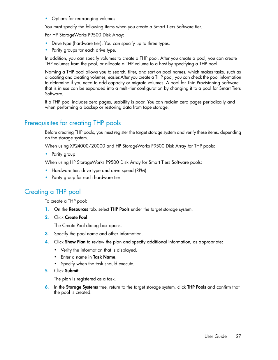 Prerequisites for creating thp pools, Creating a thp pool, 27 creating a thp pool | HP XP P9000 Command View Advanced Edition Software User Manual | Page 27 / 104