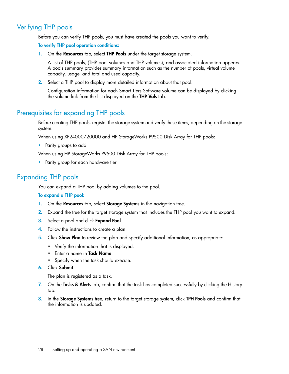 Verifying thp pools, Prerequisites for expanding thp pools, Expanding thp pools | 28 prerequisites for expanding thp pools, 28 expanding thp pools | HP XP P9000 Command View Advanced Edition Software User Manual | Page 28 / 104