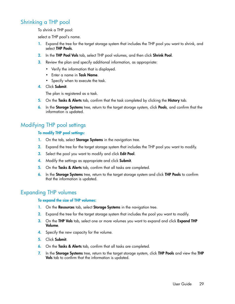 Shrinking a thp pool, Modifying thp pool settings, Expanding thp volumes | 29 modifying thp pool settings, 29 expanding thp volumes | HP XP P9000 Command View Advanced Edition Software User Manual | Page 29 / 104