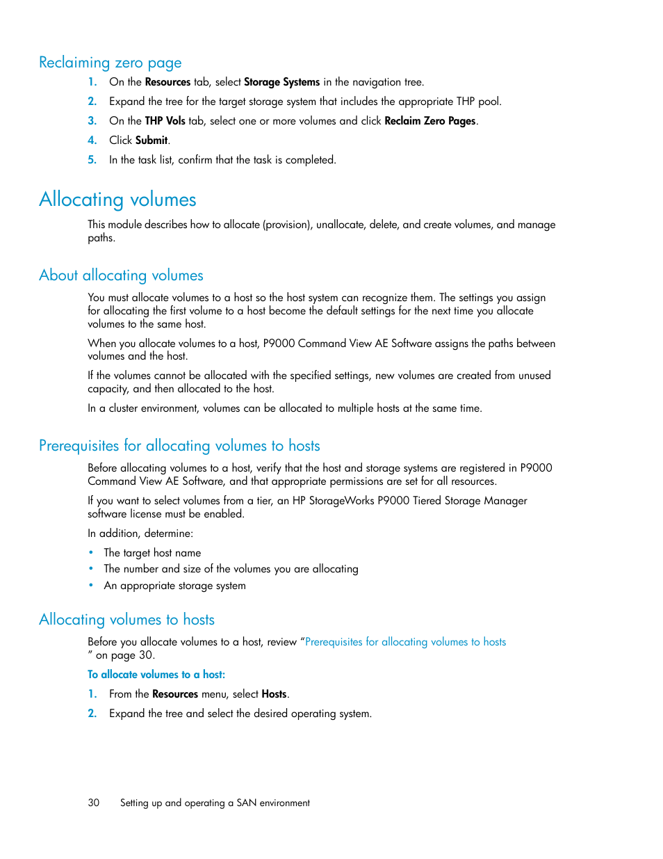 Allocating volumes, About allocating volumes, Prerequisites for allocating volumes to hosts | Allocating volumes to hosts, 30 prerequisites for allocating volumes to hosts, 30 allocating volumes to hosts, Reclaiming zero page | HP XP P9000 Command View Advanced Edition Software User Manual | Page 30 / 104