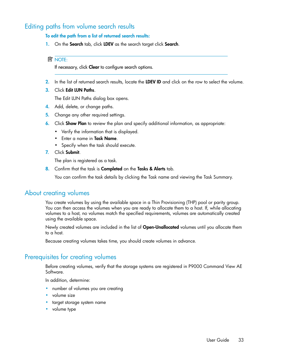 Editing paths from volume search results, About creating volumes, Prerequisites for creating volumes | 33 about creating volumes, 33 prerequisites for creating volumes | HP XP P9000 Command View Advanced Edition Software User Manual | Page 33 / 104