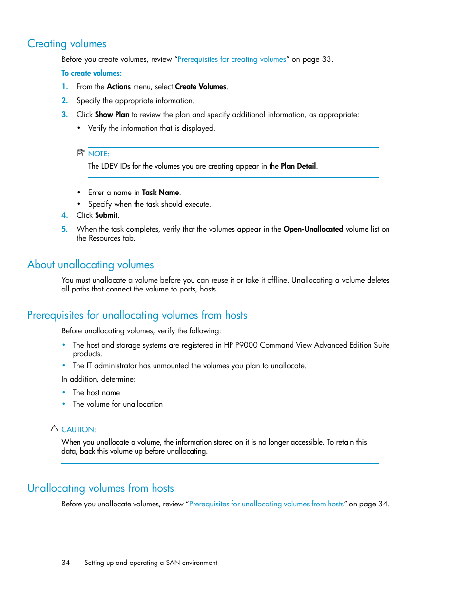 Creating volumes, About unallocating volumes, Prerequisites for unallocating volumes from hosts | Unallocating volumes from hosts, 34 about unallocating volumes, 34 unallocating volumes from hosts | HP XP P9000 Command View Advanced Edition Software User Manual | Page 34 / 104
