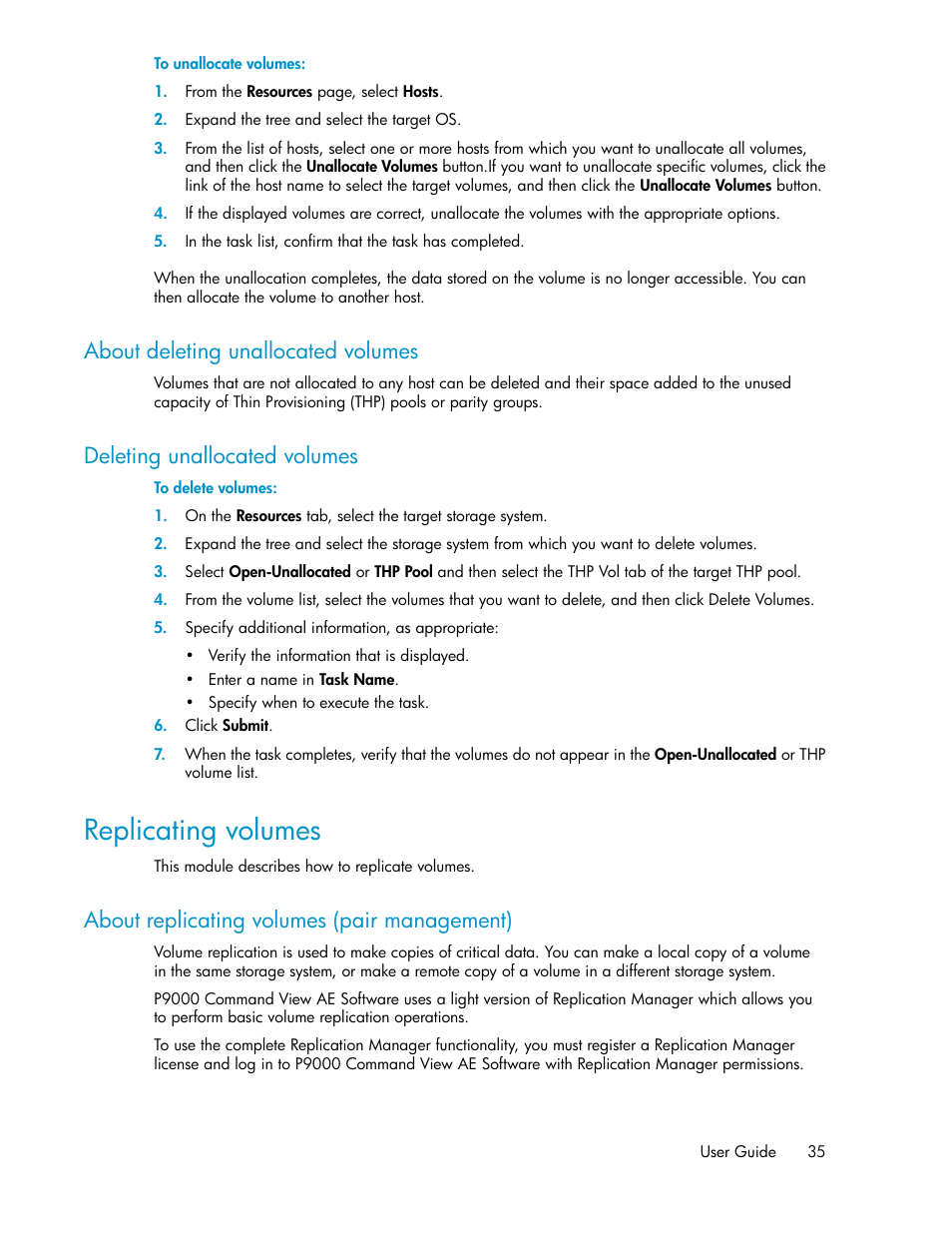About deleting unallocated volumes, Deleting unallocated volumes, Replicating volumes | About replicating volumes (pair management), 35 deleting unallocated volumes | HP XP P9000 Command View Advanced Edition Software User Manual | Page 35 / 104