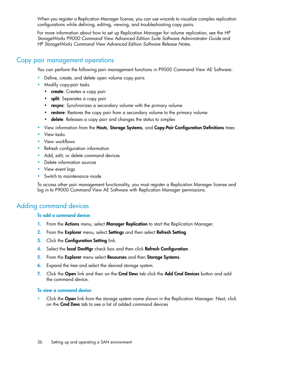 Copy pair management operations, Adding command devices, 36 adding command devices | HP XP P9000 Command View Advanced Edition Software User Manual | Page 36 / 104