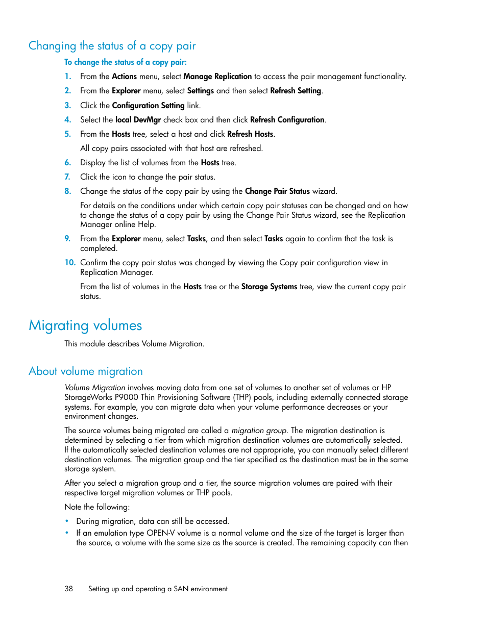 Changing the status of a copy pair, Migrating volumes, About volume migration | HP XP P9000 Command View Advanced Edition Software User Manual | Page 38 / 104