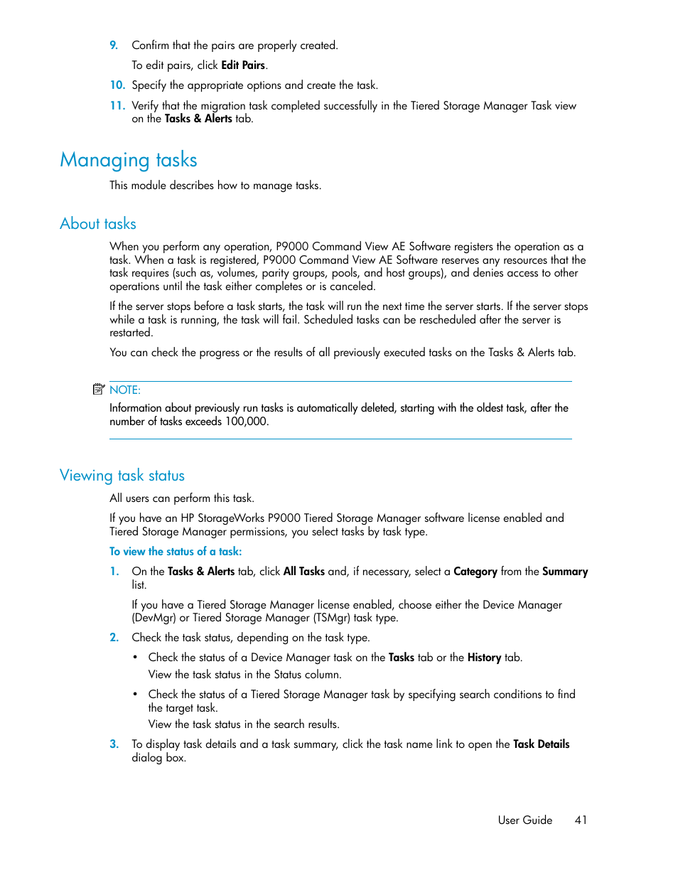 Managing tasks, About tasks, Viewing task status | 41 viewing task status | HP XP P9000 Command View Advanced Edition Software User Manual | Page 41 / 104