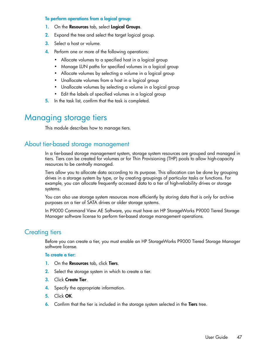 Managing storage tiers, About tier-based storage management, Creating tiers | 47 creating tiers | HP XP P9000 Command View Advanced Edition Software User Manual | Page 47 / 104