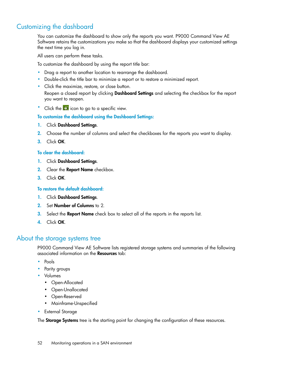 Customizing the dashboard, About the storage systems tree, 52 about the storage systems tree | HP XP P9000 Command View Advanced Edition Software User Manual | Page 52 / 104