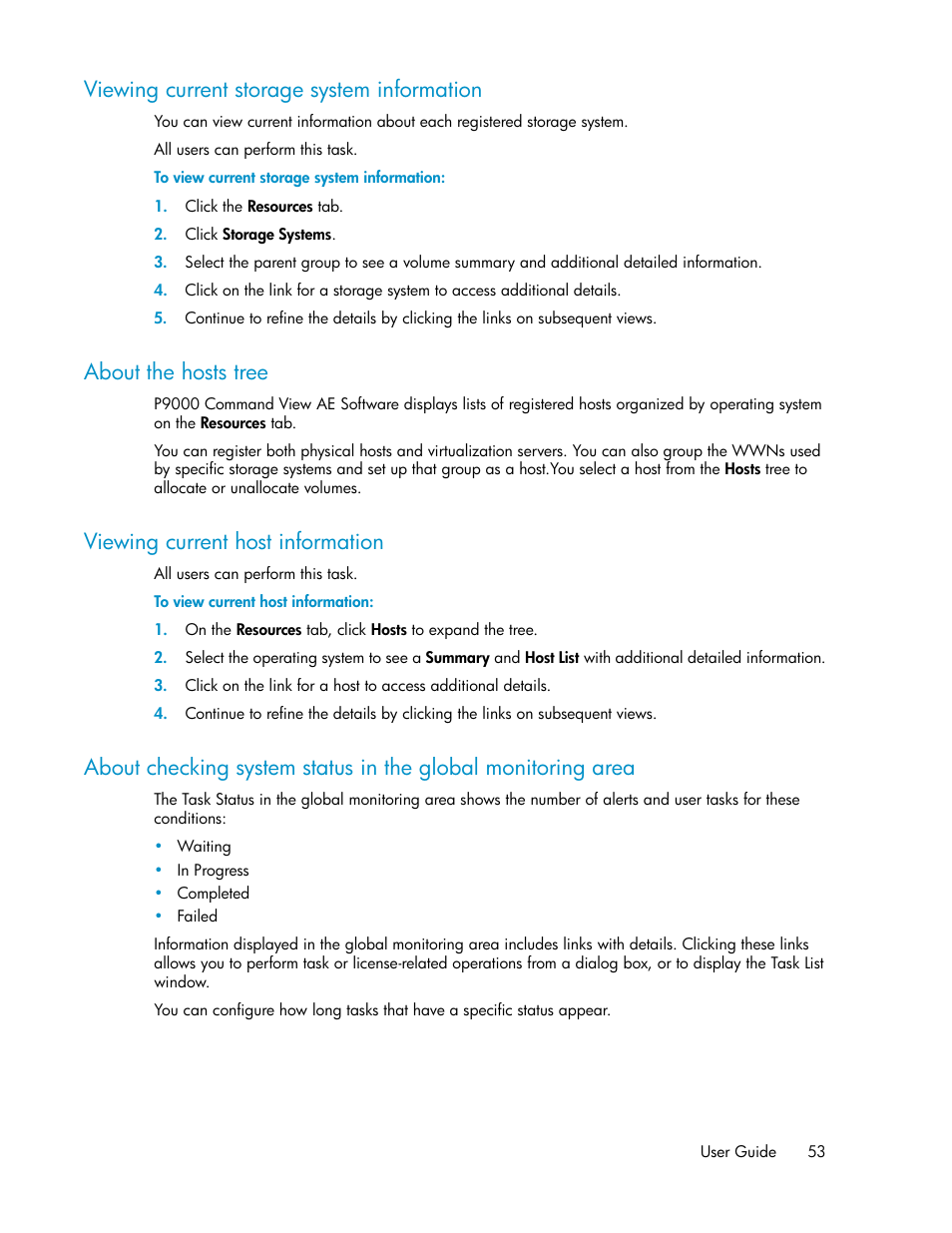 Viewing current storage system information, About the hosts tree, Viewing current host information | 53 about the hosts tree, 53 viewing current host information | HP XP P9000 Command View Advanced Edition Software User Manual | Page 53 / 104