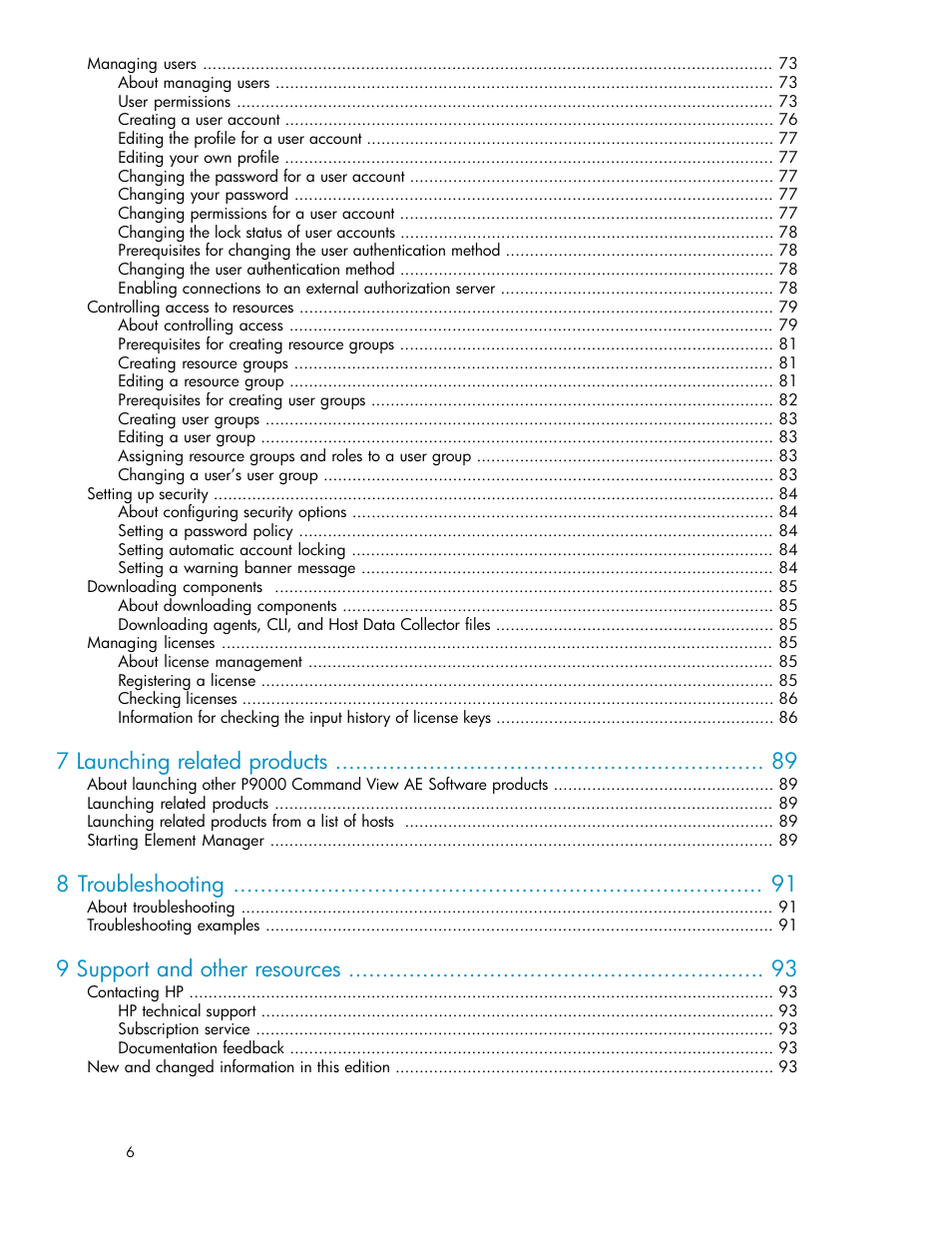 7 launching related products, 8 troubleshooting, 9 support and other resources | HP XP P9000 Command View Advanced Edition Software User Manual | Page 6 / 104