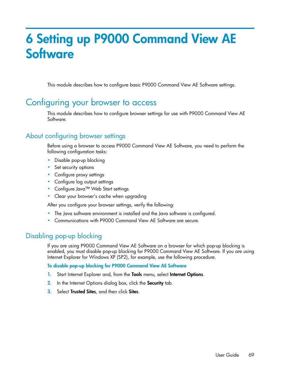 6 setting up p9000 command view ae software, Configuring your browser to access, About configuring browser settings | Disabling pop-up blocking, 69 disabling pop-up blocking | HP XP P9000 Command View Advanced Edition Software User Manual | Page 69 / 104