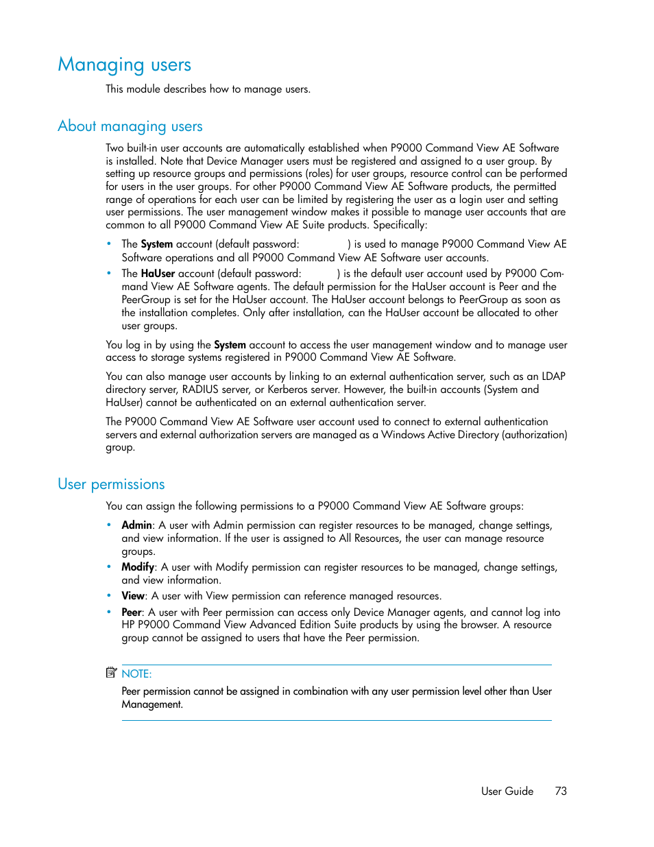 Managing users, About managing users, User permissions | 73 user permissions | HP XP P9000 Command View Advanced Edition Software User Manual | Page 73 / 104