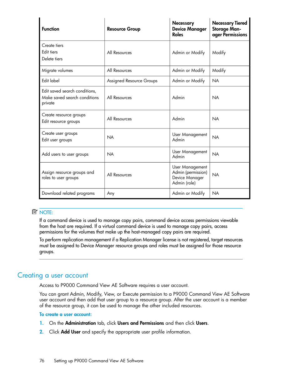 Creating a user account | HP XP P9000 Command View Advanced Edition Software User Manual | Page 76 / 104