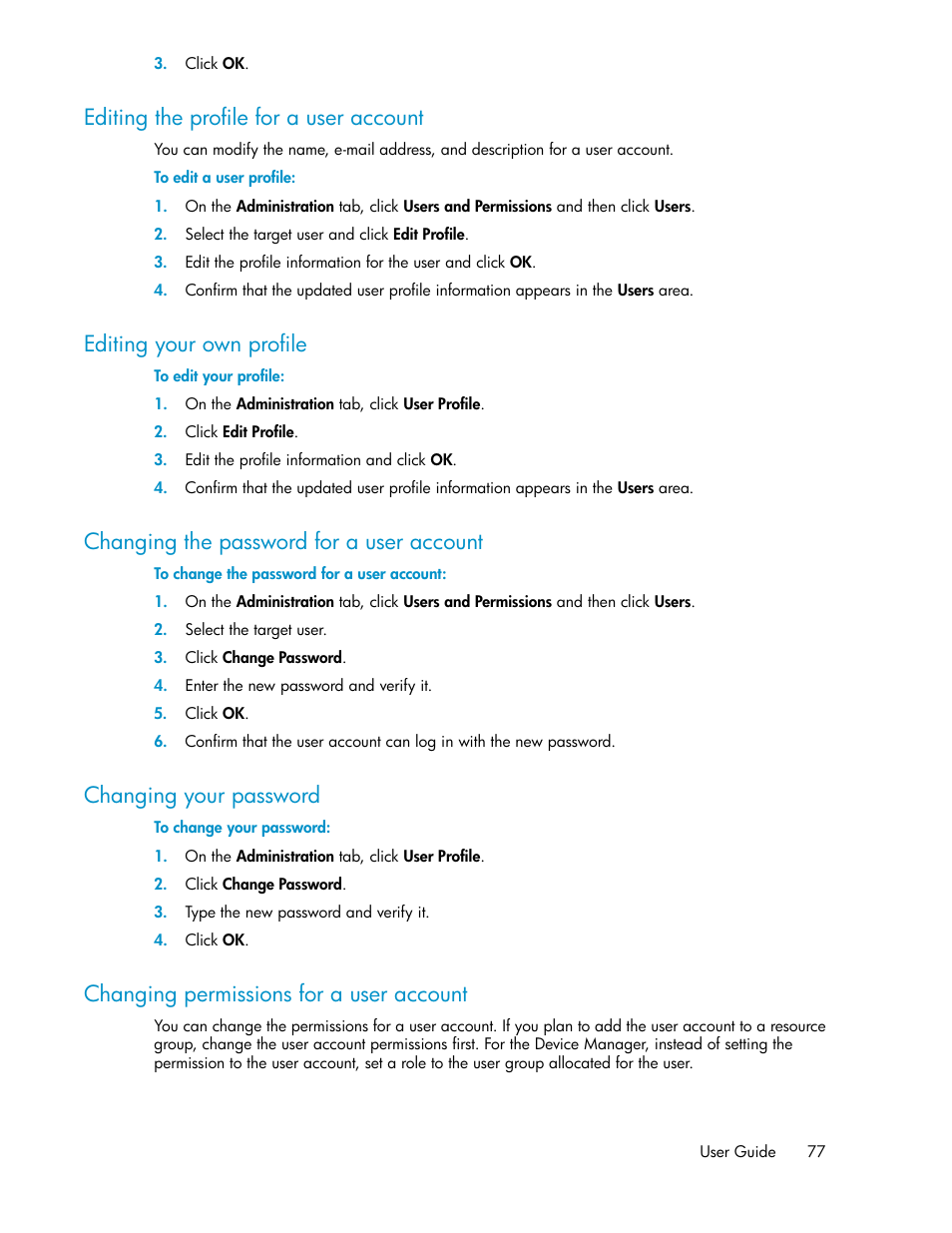 Editing the profile for a user account, Editing your own profile, Changing the password for a user account | Changing your password, Changing permissions for a user account, 77 editing your own profile, 77 changing the password for a user account, 77 changing your password, 77 changing permissions for a user account | HP XP P9000 Command View Advanced Edition Software User Manual | Page 77 / 104