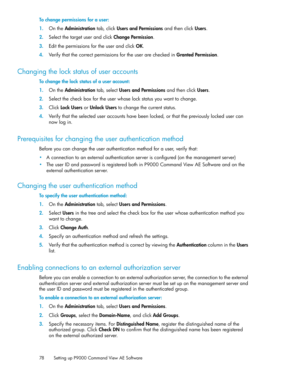 Changing the lock status of user accounts, Changing the user authentication method, 78 changing the user authentication method | HP XP P9000 Command View Advanced Edition Software User Manual | Page 78 / 104