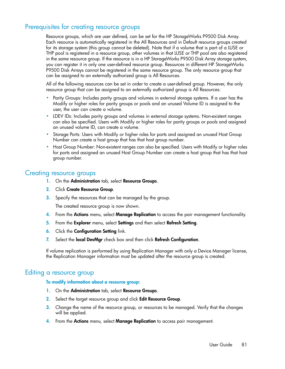 Prerequisites for creating resource groups, Creating resource groups, Editing a resource group | 81 creating resource groups, 81 editing a resource group | HP XP P9000 Command View Advanced Edition Software User Manual | Page 81 / 104