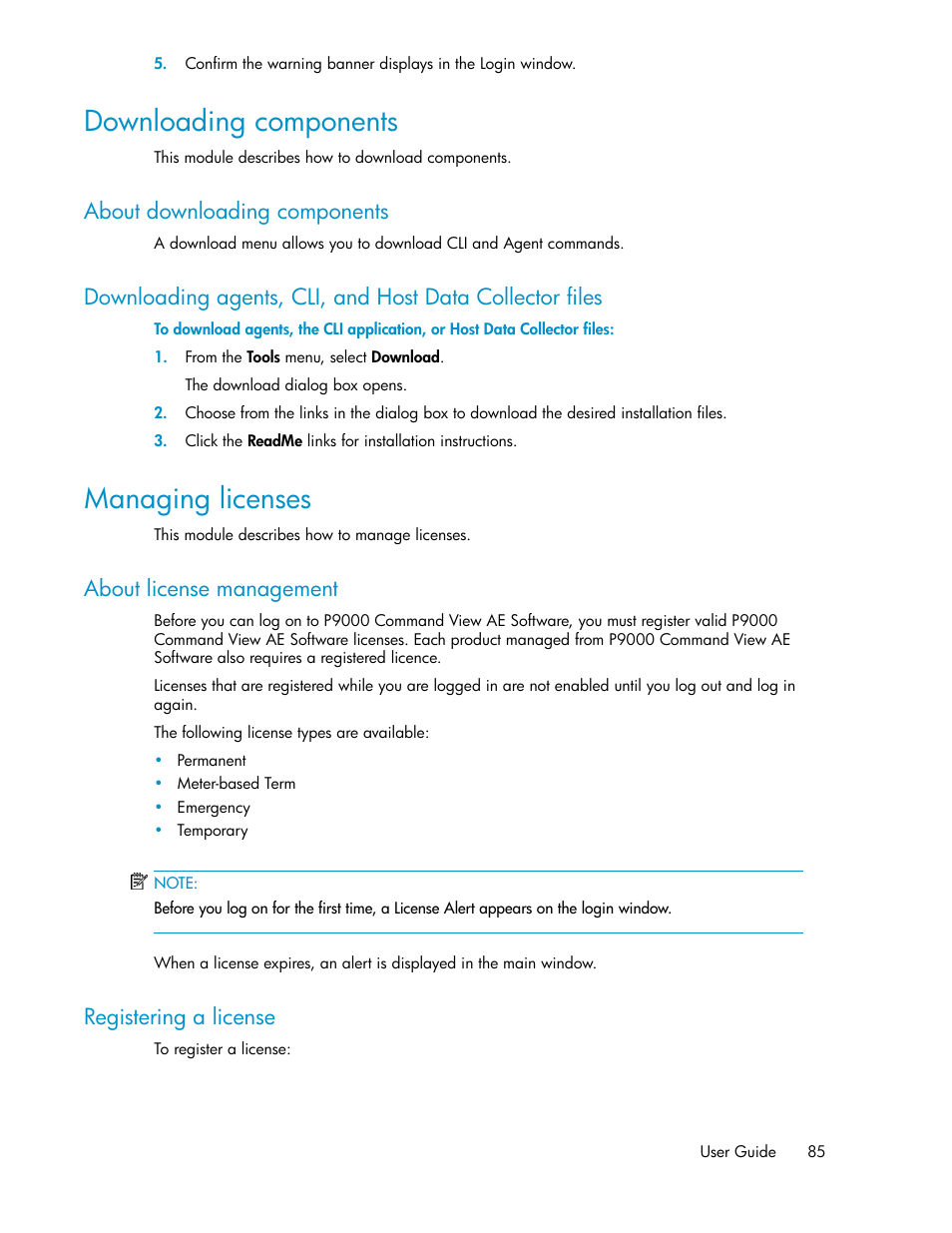 Downloading components, About downloading components, Managing licenses | About license management, Registering a license, 85 registering a license, Registering, A license | HP XP P9000 Command View Advanced Edition Software User Manual | Page 85 / 104