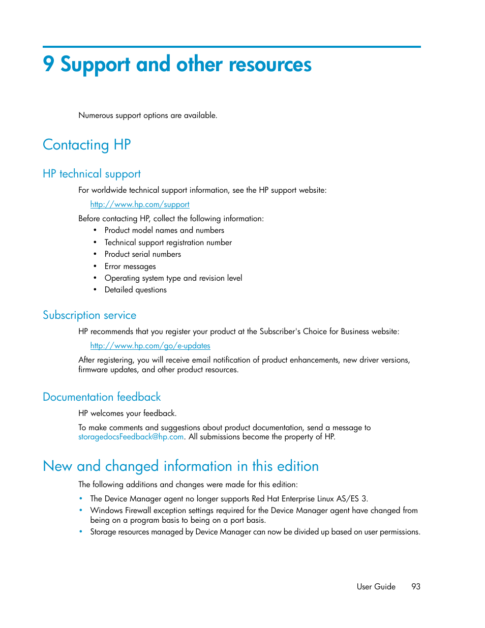 9 support and other resources, Contacting hp, Hp technical support | Subscription service, Documentation feedback, New and changed information in this edition, 93 subscription service, 93 documentation feedback | HP XP P9000 Command View Advanced Edition Software User Manual | Page 93 / 104