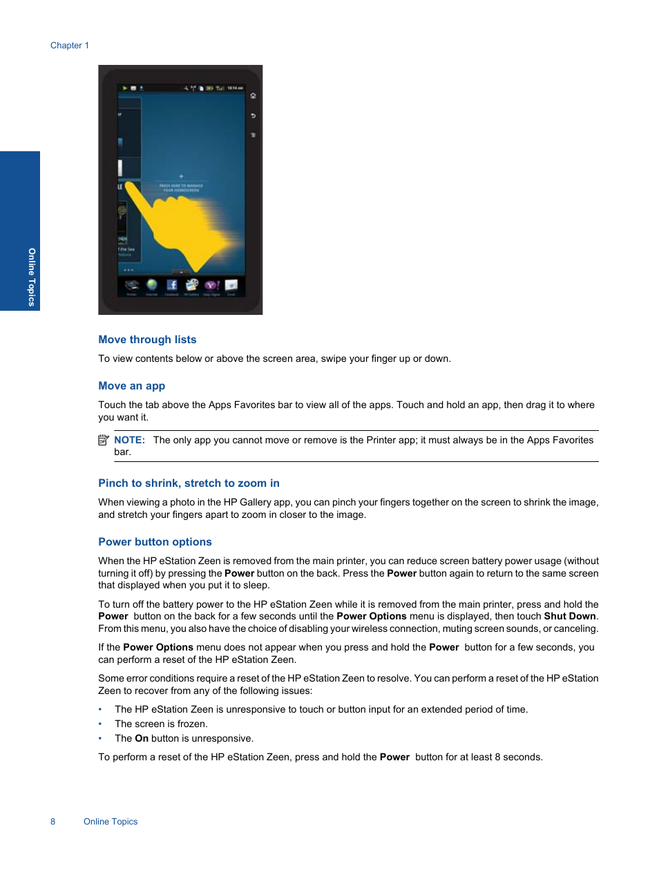 Move through lists, Move an app, Pinch to shrink, stretch to zoom in | Power button options | HP Photosmart eStation All-in-One Printer - C510a User Manual | Page 10 / 54