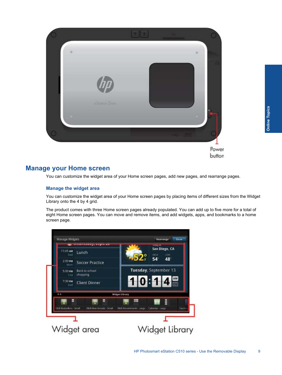Manage your home screen, Manage the widget area | HP Photosmart eStation All-in-One Printer - C510a User Manual | Page 11 / 54