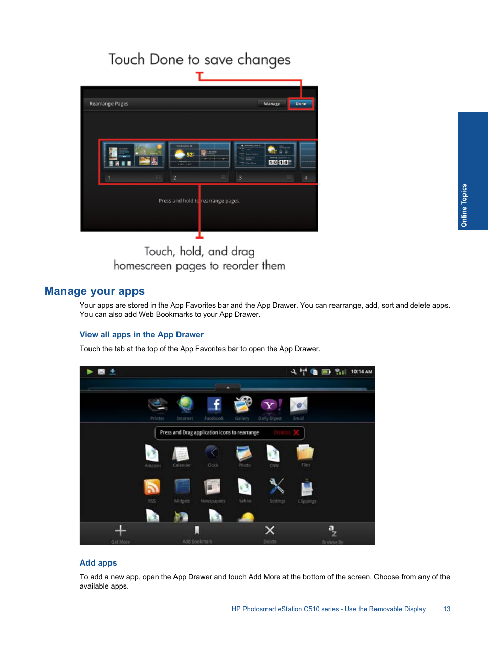 Manage your apps, View all apps in the app drawer, Add apps | HP Photosmart eStation All-in-One Printer - C510a User Manual | Page 15 / 54