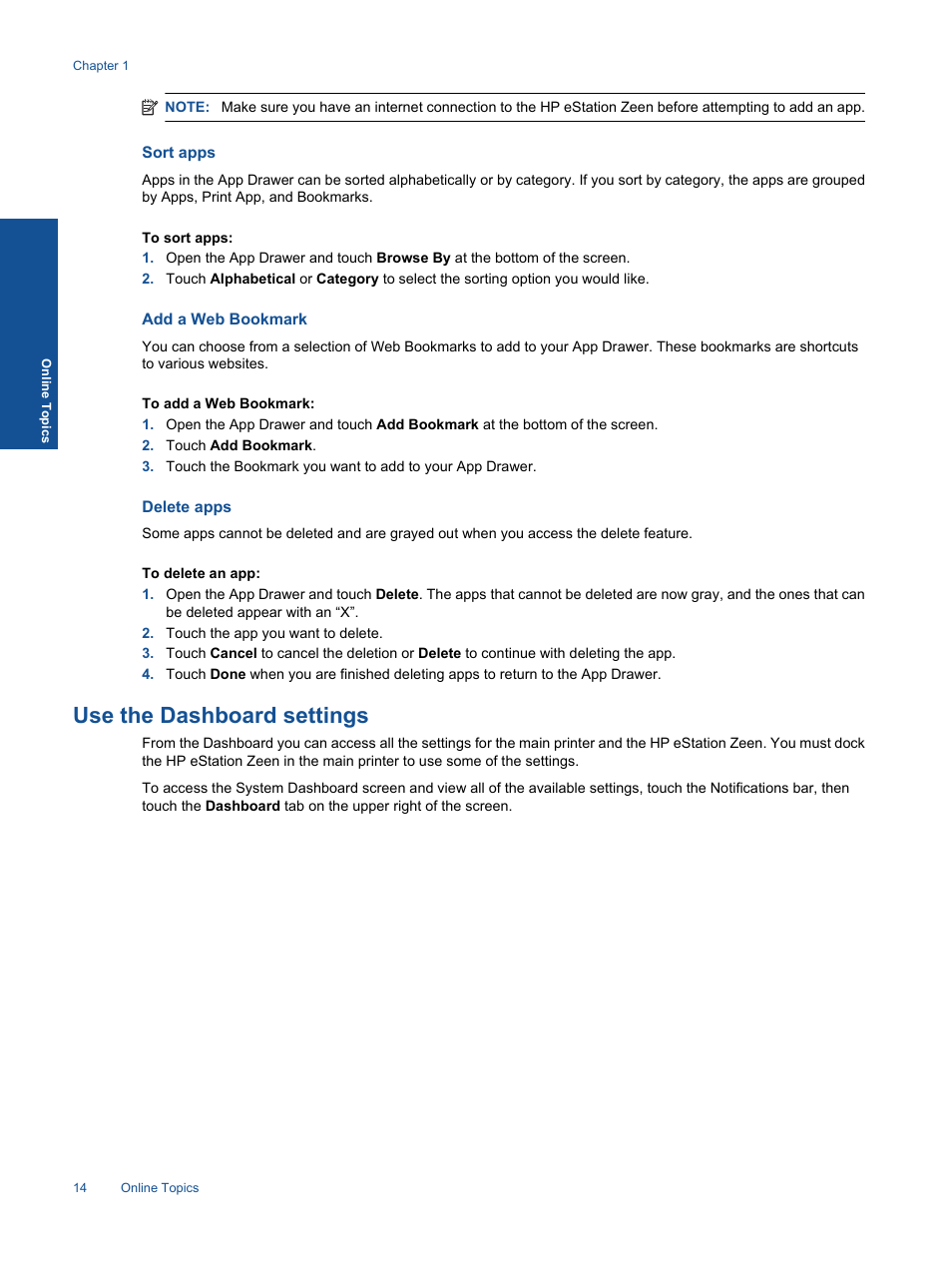 Sort apps, Add a web bookmark, Delete apps | Use the dashboard settings | HP Photosmart eStation All-in-One Printer - C510a User Manual | Page 16 / 54