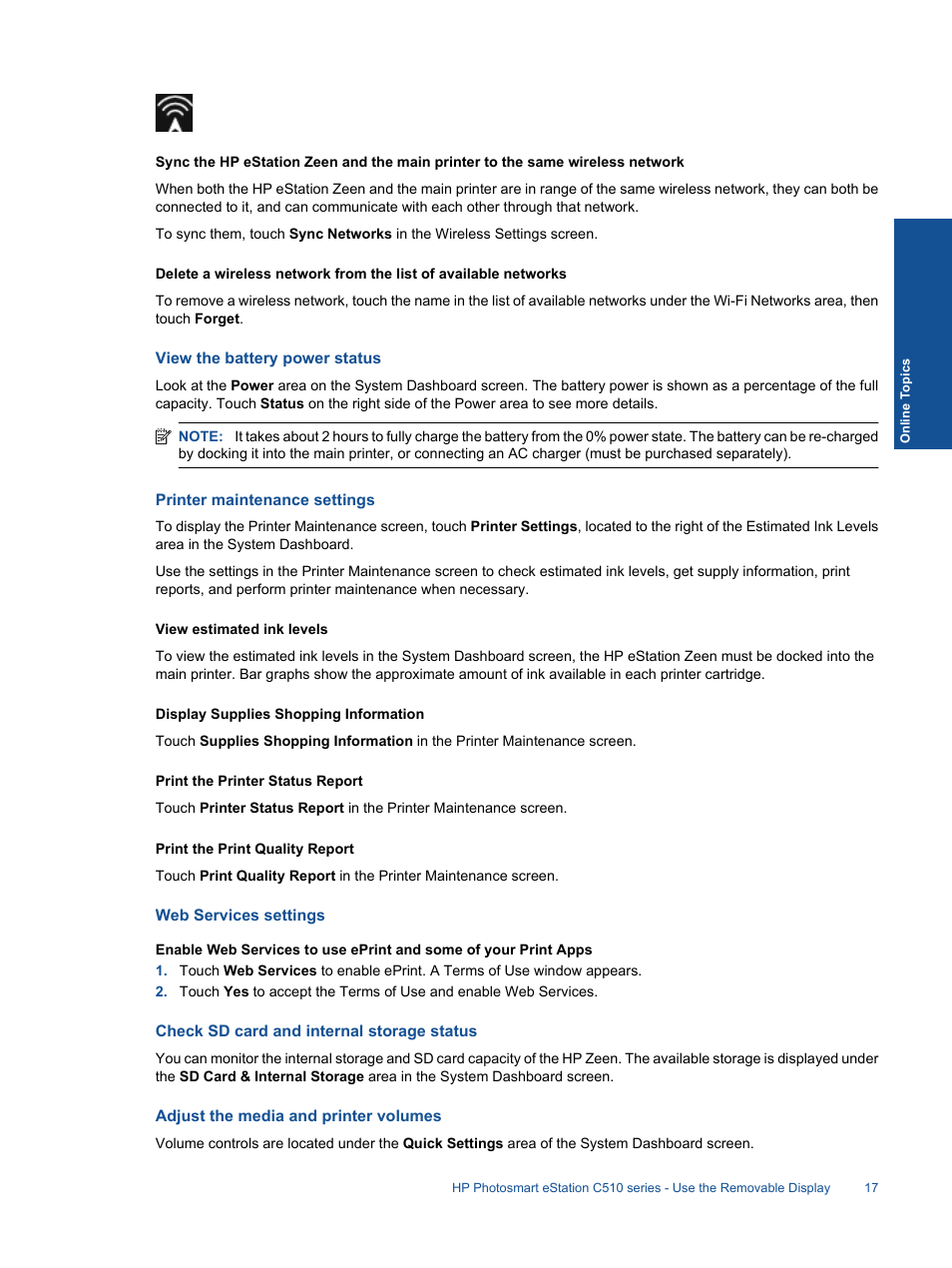 View the battery power status, Printer maintenance settings, Web services settings | Check sd card and internal storage status, Adjust the media and printer volumes | HP Photosmart eStation All-in-One Printer - C510a User Manual | Page 19 / 54