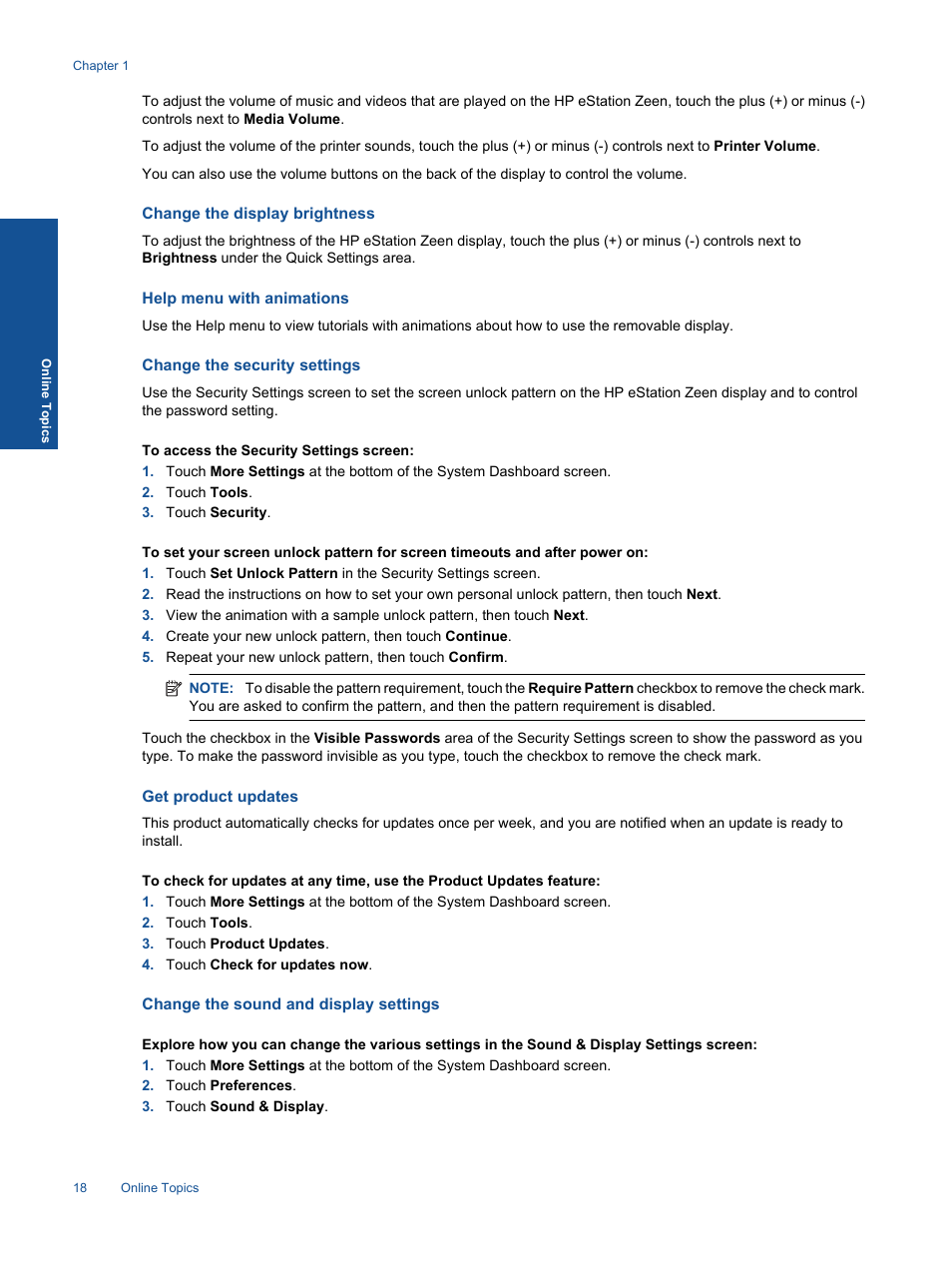 Change the display brightness, Help menu with animations, Change the security settings | Get product updates, Change the sound and display settings | HP Photosmart eStation All-in-One Printer - C510a User Manual | Page 20 / 54
