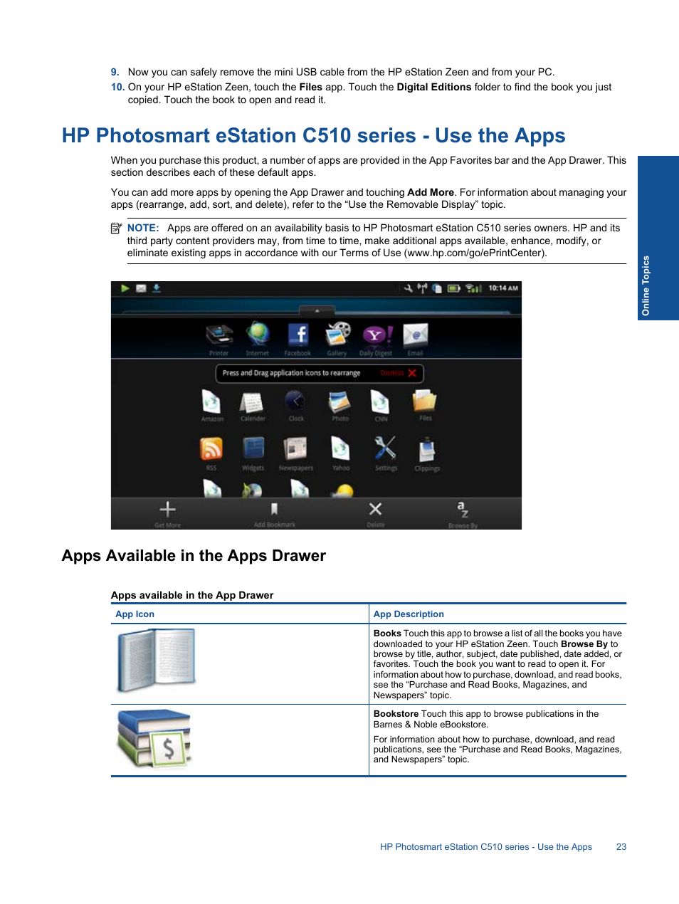 Hp photosmart estation c510 series - use the apps, Apps available in the apps drawer | HP Photosmart eStation All-in-One Printer - C510a User Manual | Page 25 / 54