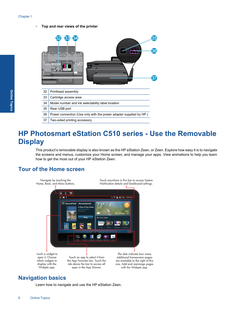 Tour of the home screen, Navigation basics, Tour of the home screen navigation basics | HP Photosmart eStation All-in-One Printer - C510a User Manual | Page 8 / 54