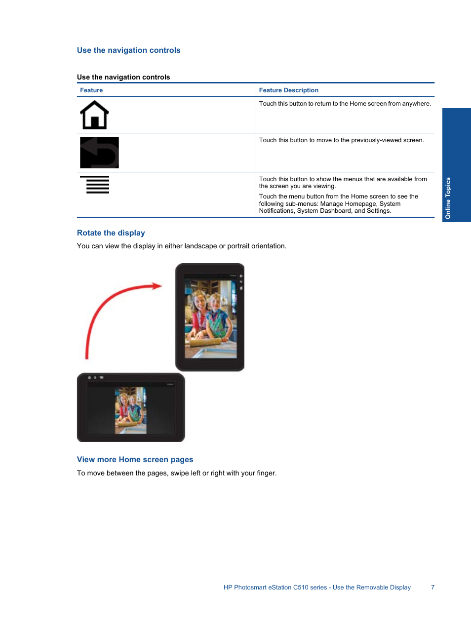 Use the navigation controls, Rotate the display | HP Photosmart eStation All-in-One Printer - C510a User Manual | Page 9 / 54