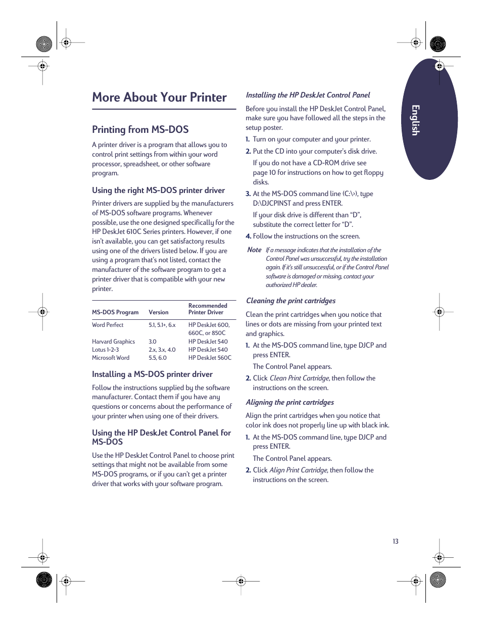 More about your printer, Printing from msdos, Printing from ms-dos | English | HP Deskjet 610c Printer User Manual | Page 14 / 18