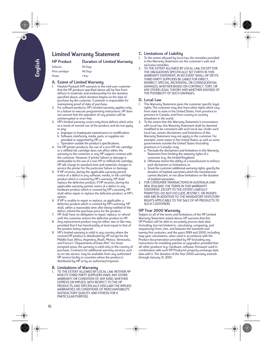 Limited warranty statement, English limited warranty statement | HP Deskjet 610c Printer User Manual | Page 17 / 18