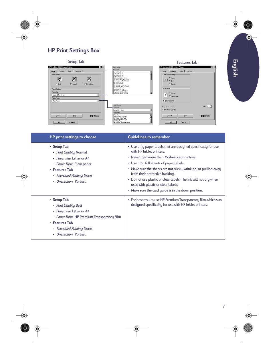 Hp print settings box, English | HP Deskjet 610c Printer User Manual | Page 8 / 18
