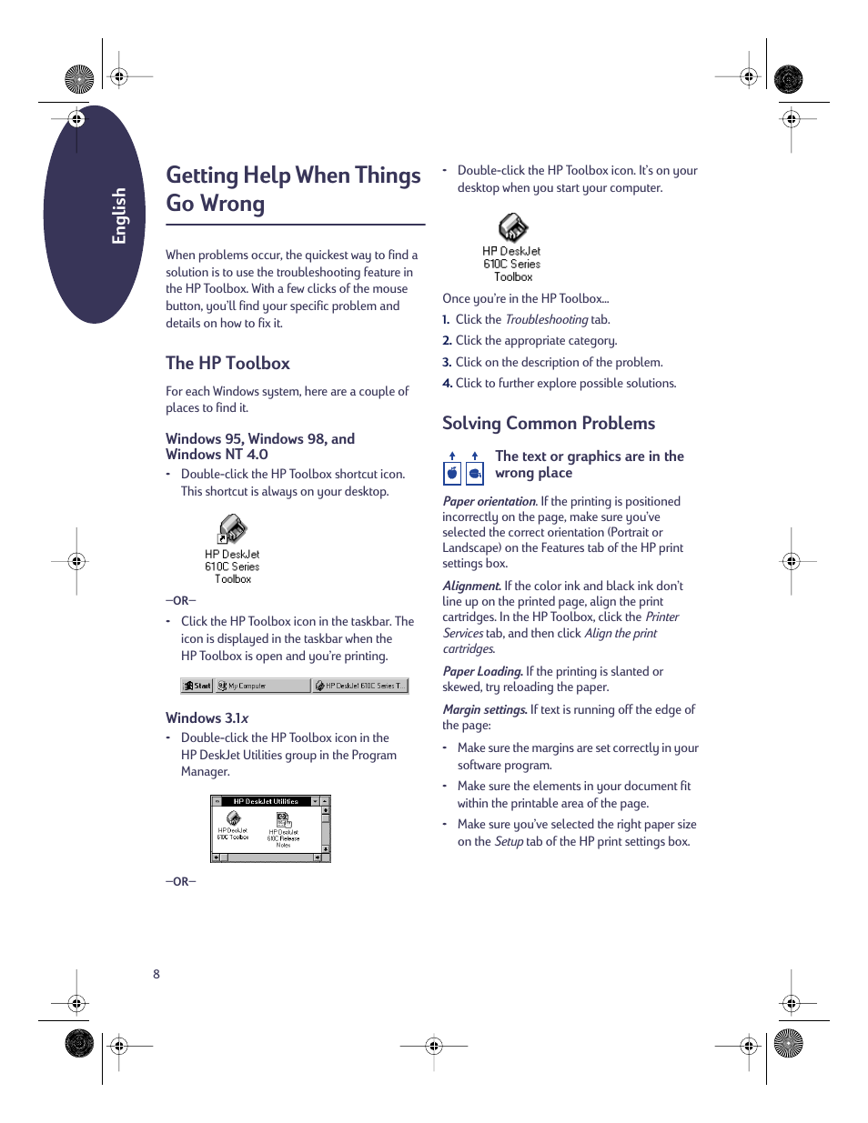 Getting help when things go wrong, The hptoolbox, Solving common problems | The hp toolbox, English | HP Deskjet 610c Printer User Manual | Page 9 / 18