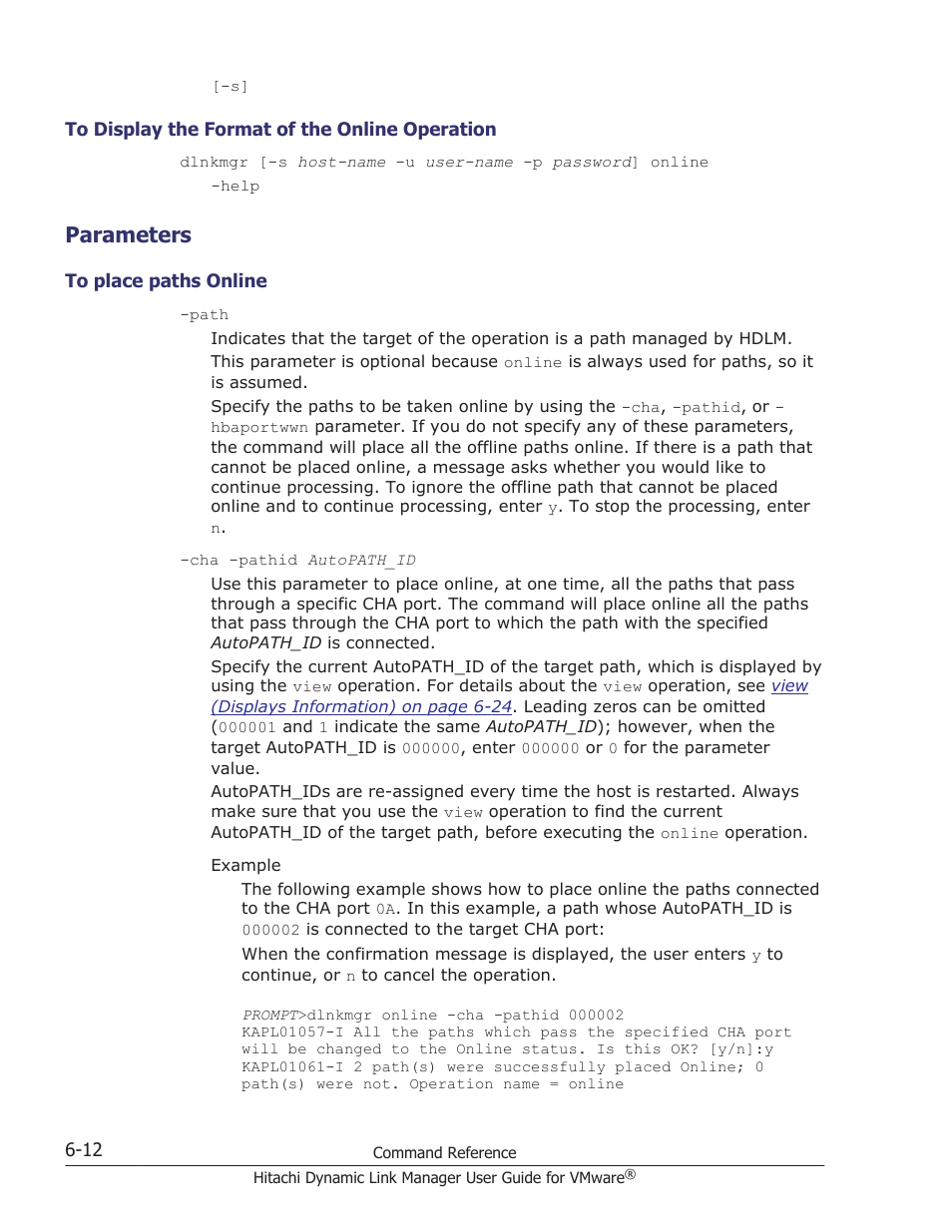 Parameters, To display the format of the online operation -12, Parameters -12 | To place paths online -12 | HP Hitachi Dynamic Link Manager Software User Manual | Page 104 / 242