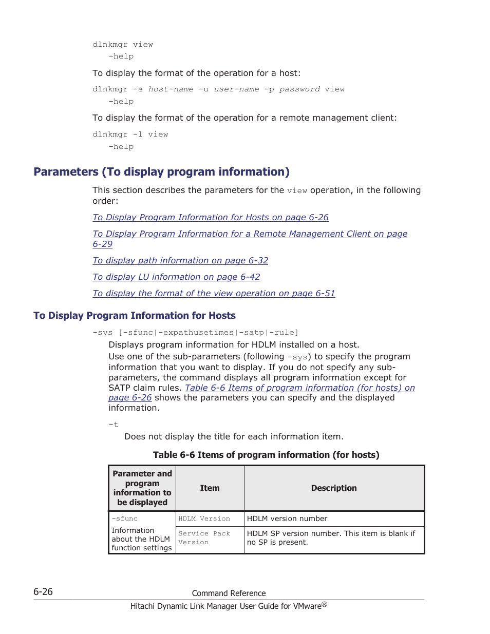 Parameters (to display program information), Parameters (to display program information) -26, To display program information for hosts -26 | HP Hitachi Dynamic Link Manager Software User Manual | Page 118 / 242