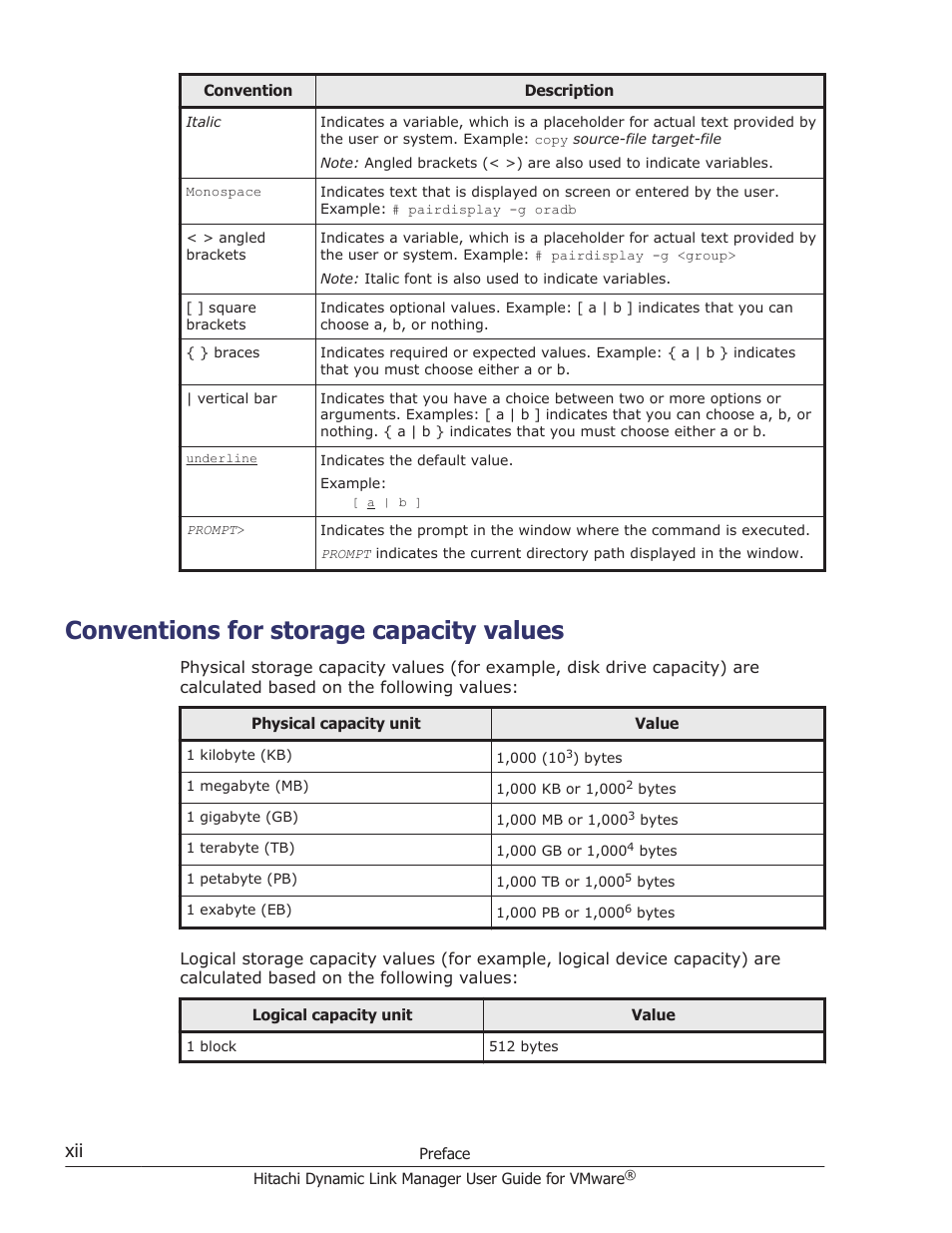 Conventions for storage capacity values | HP Hitachi Dynamic Link Manager Software User Manual | Page 12 / 242