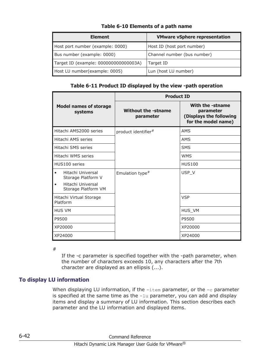 To display lu information -42, Table, Table 6-11 | Representation in vmware vsphere, see, Table 6-10, For more details, see, Table 6-11 product id displayed | HP Hitachi Dynamic Link Manager Software User Manual | Page 134 / 242