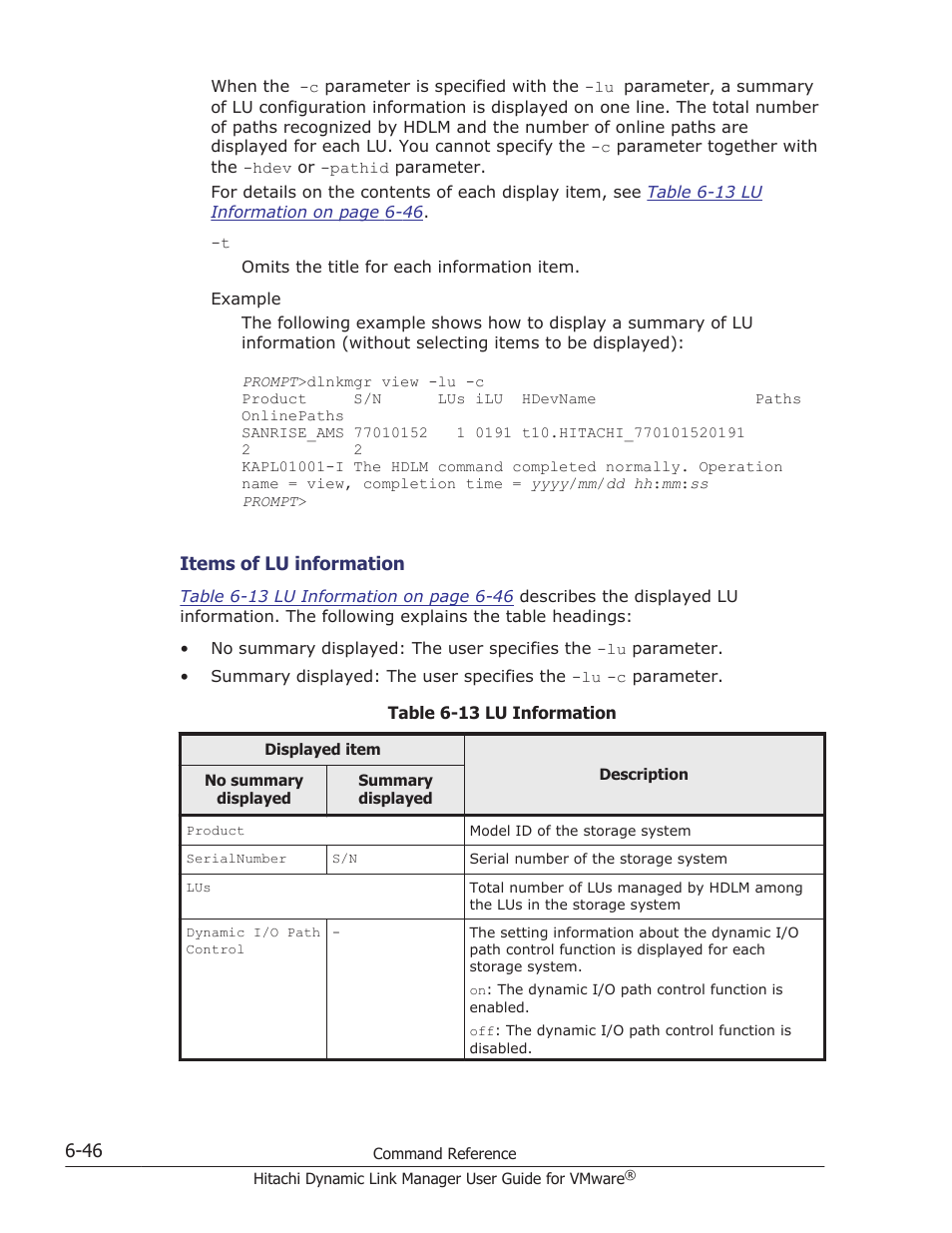 Table 6-13 lu | HP Hitachi Dynamic Link Manager Software User Manual | Page 138 / 242