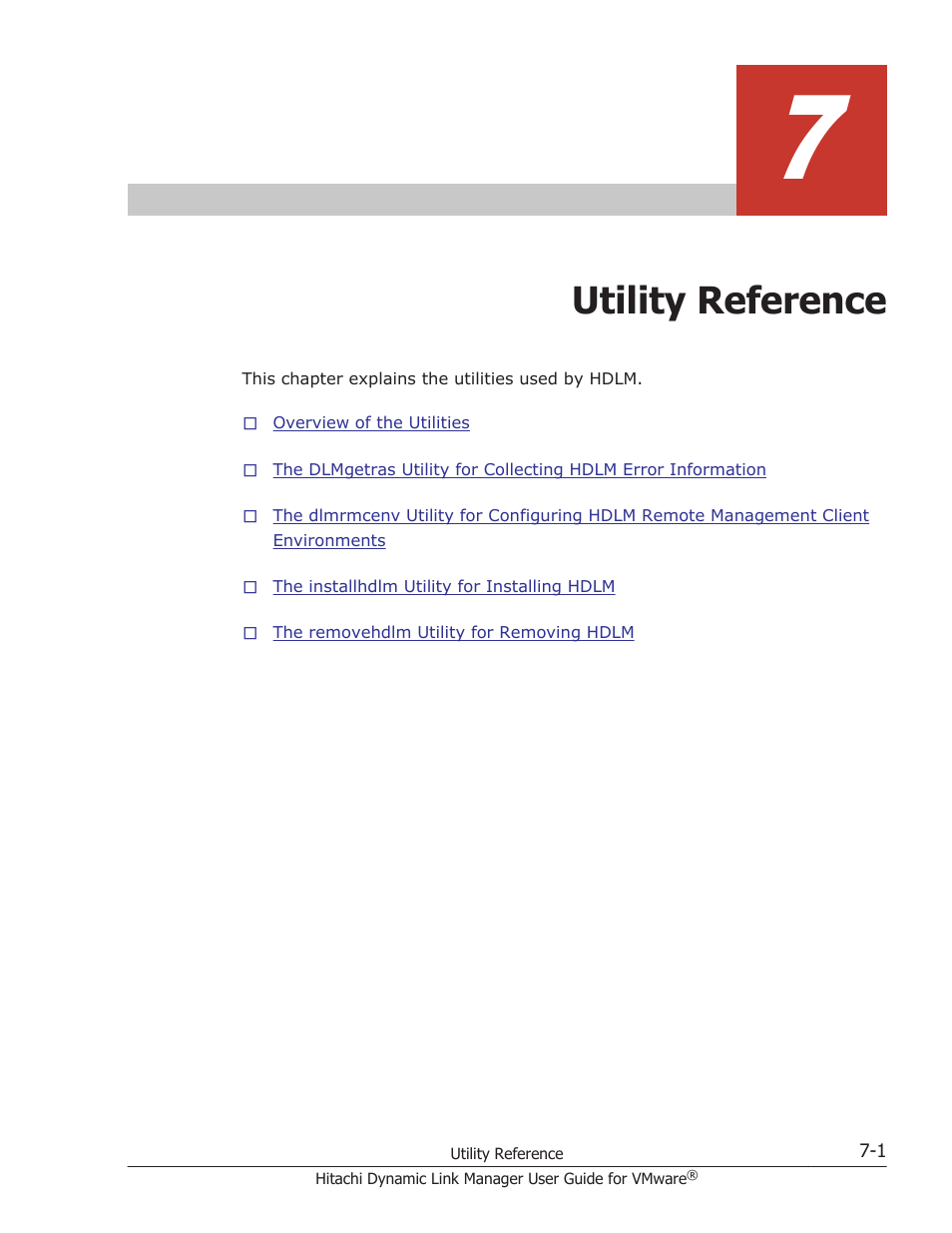 Utility reference, 7 utility reference -1, Chapter 7, utility reference on | HP Hitachi Dynamic Link Manager Software User Manual | Page 147 / 242