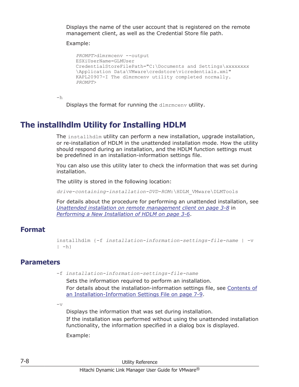 The installhdlm utility for installing hdlm, Format, Parameters | The installhdlm utility for installing hdlm -8, Format -8, Parameters -8, Utility, see, The installhdlm utility for installing hdlm on | HP Hitachi Dynamic Link Manager Software User Manual | Page 154 / 242