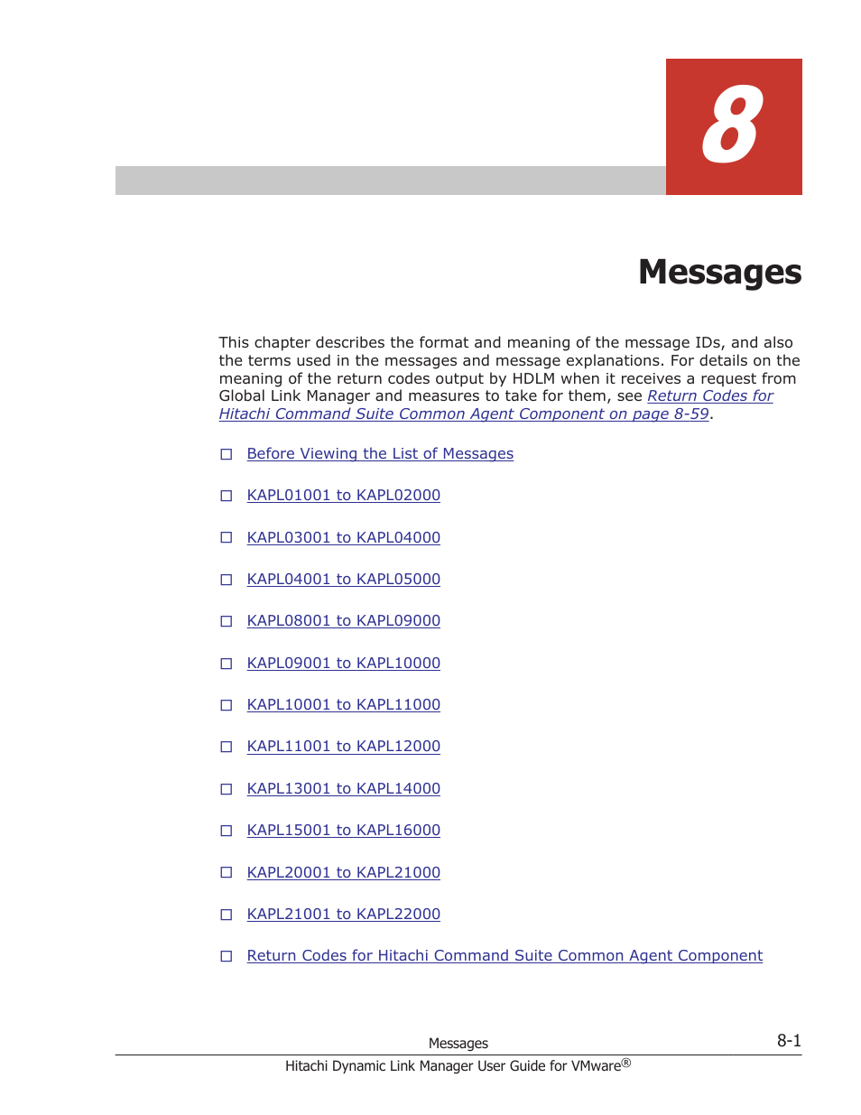 Messages, 8 messages -1, Follow the recommended actions for messages in | Chapter 8, messages on | HP Hitachi Dynamic Link Manager Software User Manual | Page 159 / 242