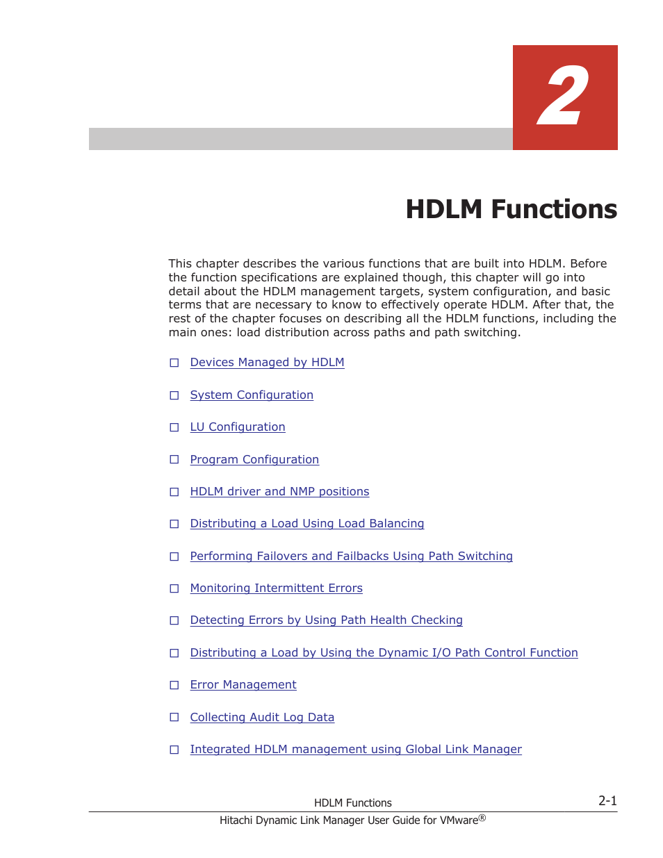 Hdlm functions, 2 hdlm functions -1, Chapter 2, hdlm functions on | HP Hitachi Dynamic Link Manager Software User Manual | Page 19 / 242