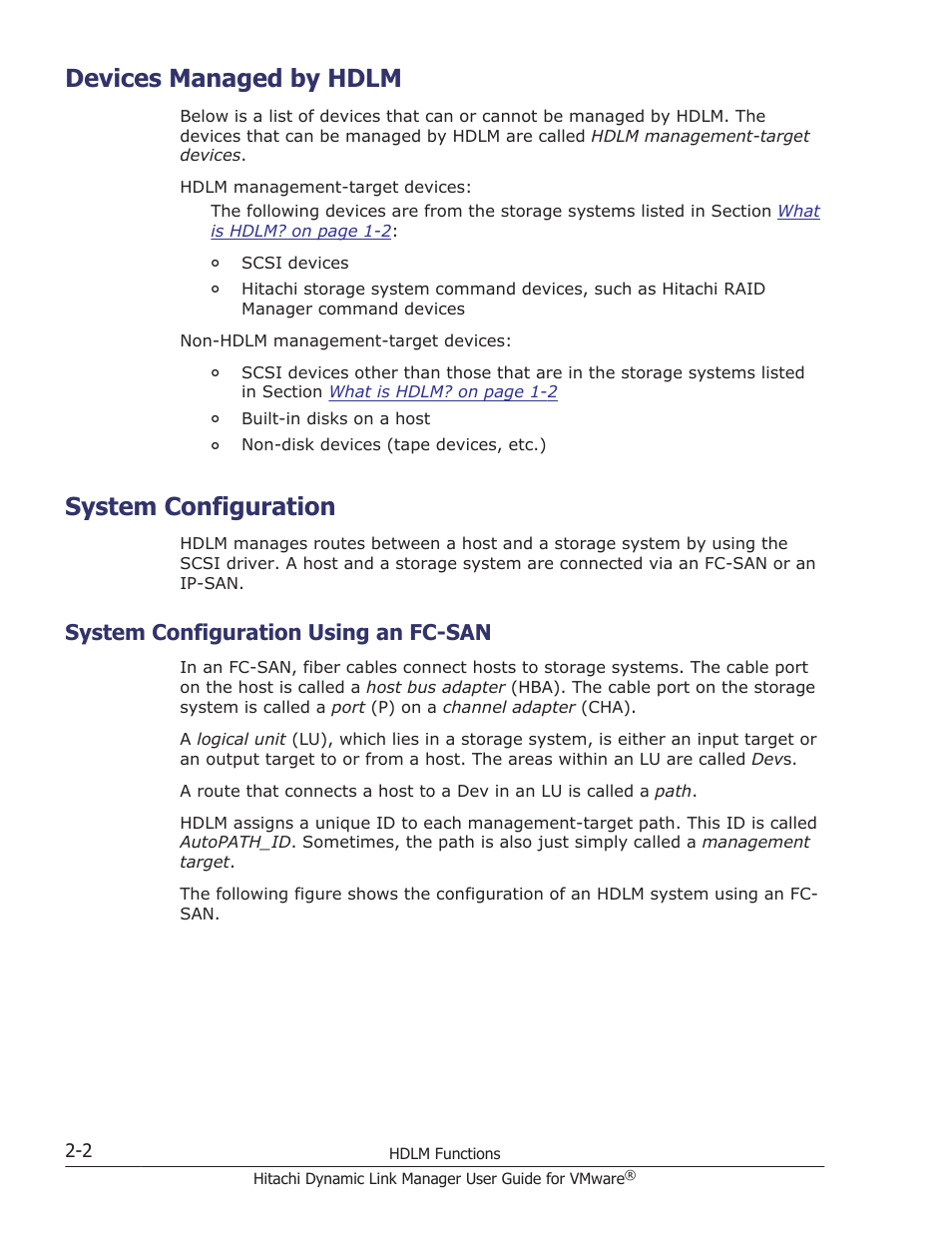 Devices managed by hdlm, System configuration, System configuration using an fc-san | Devices managed by hdlm -2, System configuration -2, System configuration using an fc-san -2 | HP Hitachi Dynamic Link Manager Software User Manual | Page 20 / 242
