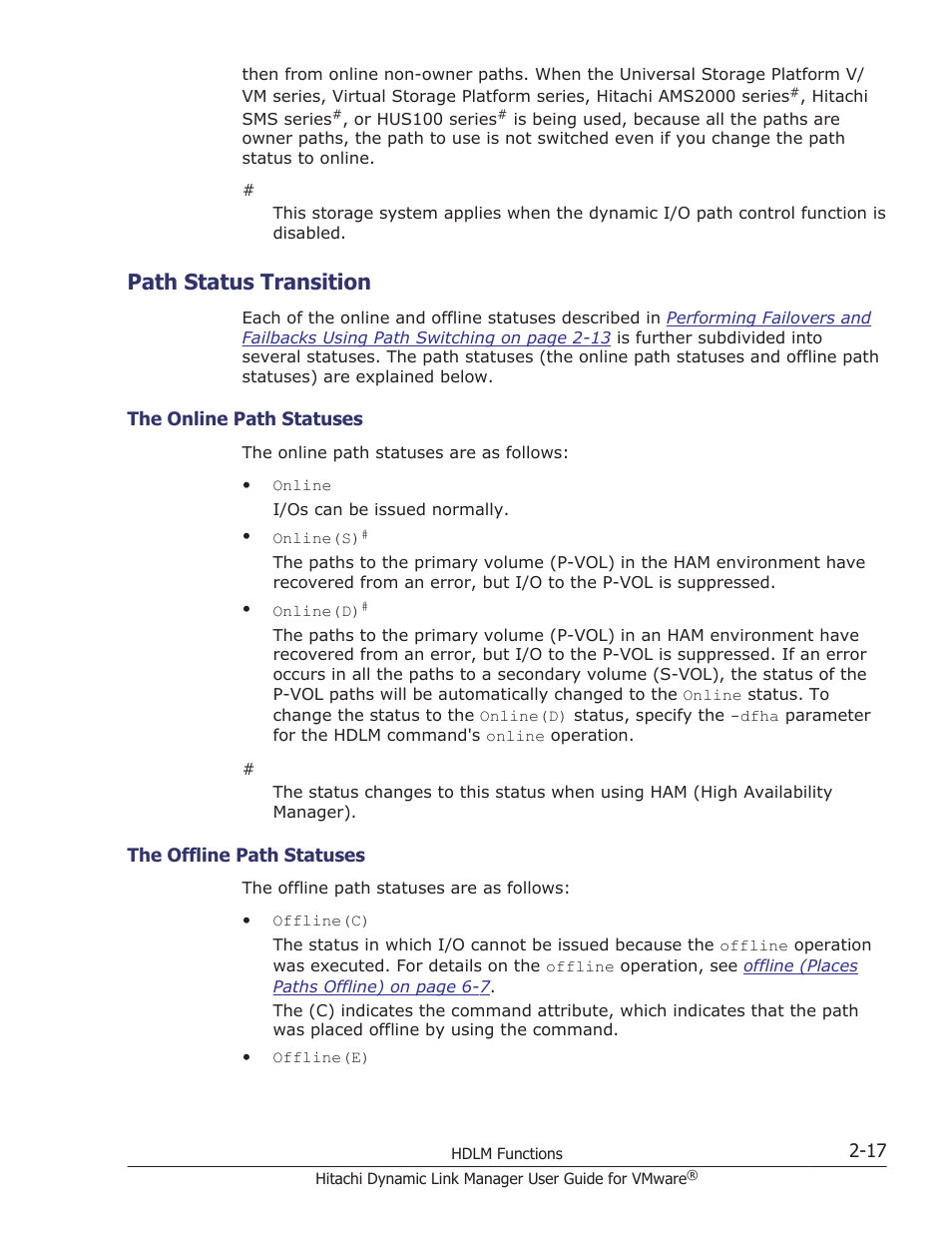 Path status transition, Path status transition -17, The online path statuses -17 | The offline path statuses -17, Path | HP Hitachi Dynamic Link Manager Software User Manual | Page 35 / 242